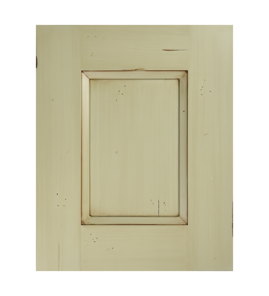 Door Style : Princeton 3" - Painted : Soft Fern P-2144-40 - Treatment : Umber Glaze - Distress Wormholes - Cracks - Rasp Marks - Nicks - Dents